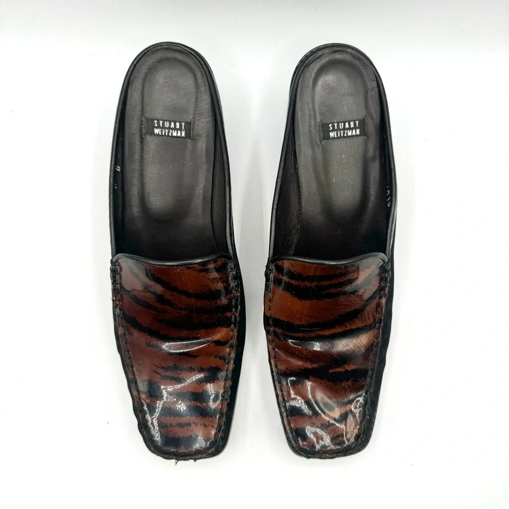STUART WEITZMAN VINTAGE BLACK BROWN SHOE ANIMAL PRINTS SLIP ON SHOE BLOCK HEELS - Picture 6 of 16